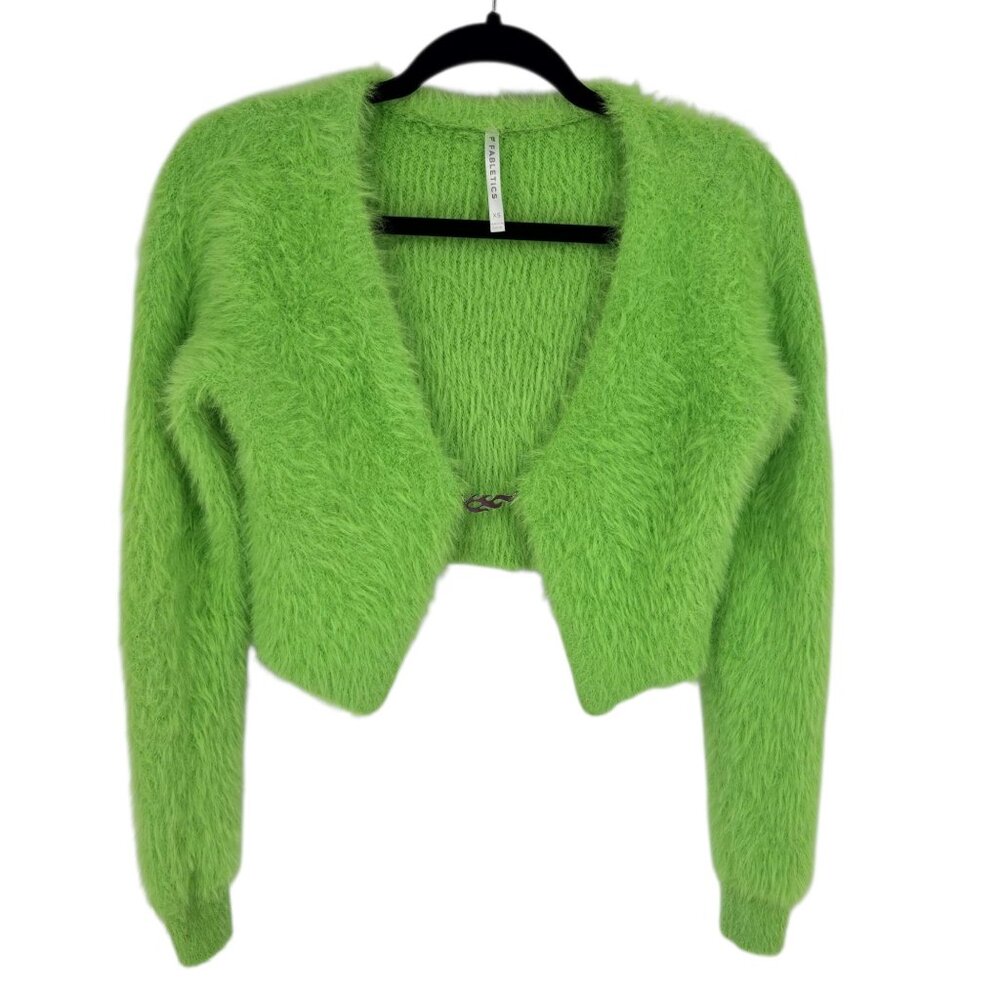 Fabletics Womens Xs Stretch Green Apple Fuzzy Long Sleeve Crop Cardigan Sweater